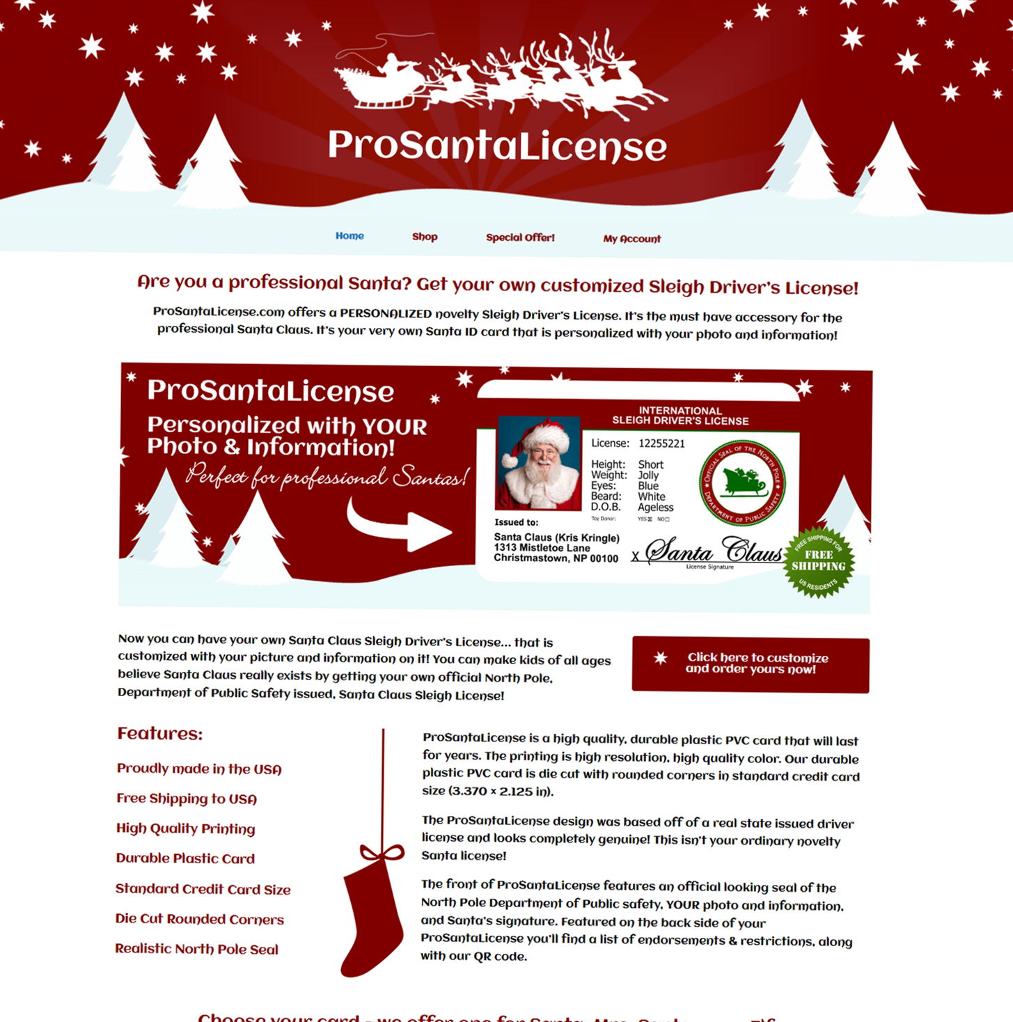 Sample Mrs. Claus personalized sleigh driver's license promotional banner